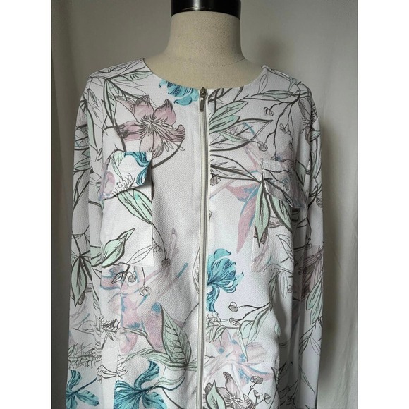 CHICO'S White Floral Zip Front Blouse Top Polyester Lined Womens 2 (L) - Picture 2 of 6